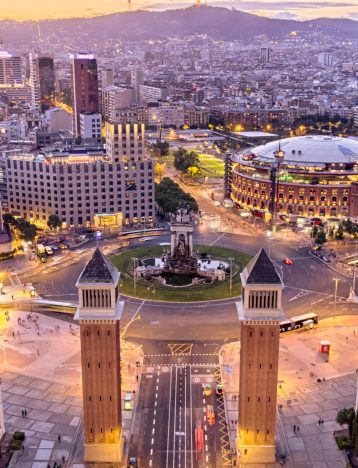Aerial View of plaza españa at sunset in Barcelona, Spain